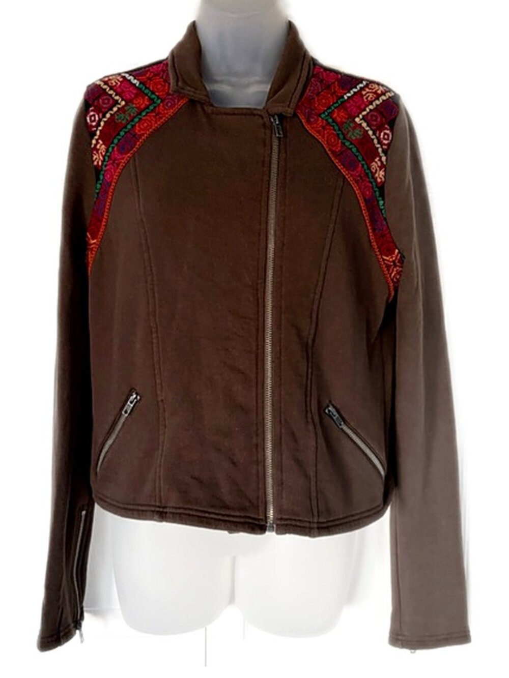 Ecote Jacket Women’s Unique Boho Brown Floral Zip Up Embroidered size Medium